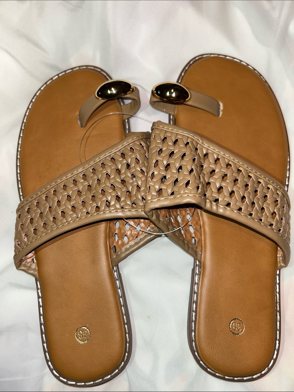 Woven Toe-Ring Slide Sandals in Tan